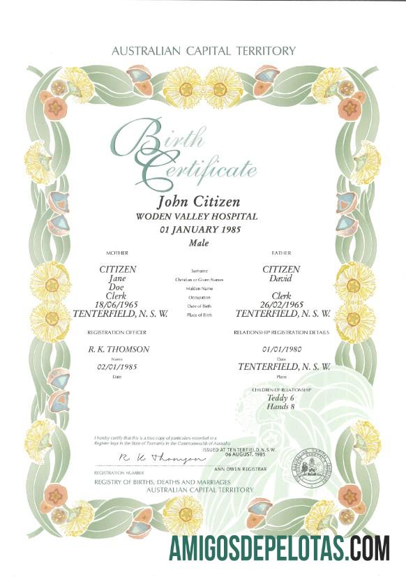 Realista modelo de certidão de nascimento decorativa (comemorativa) do Território da Capital Australiana da Austrália em formato PSD